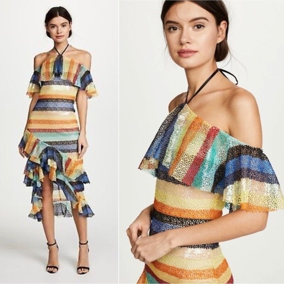 Alice + Olivia | Annabeth Sequin Embroidered Mesh Rainbow Striped Ruffle Dress - Picture 1 of 16
